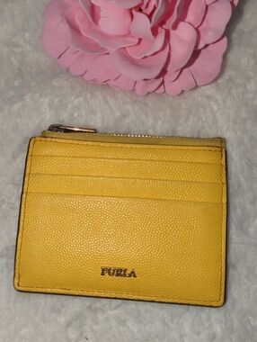 Furla Yellow Leather Card Holder Wallet Multi Slots Compact With Zip Coin Pouch